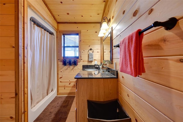 bathroom with wood walls, vanity, wood ceiling, and a shower with curtain