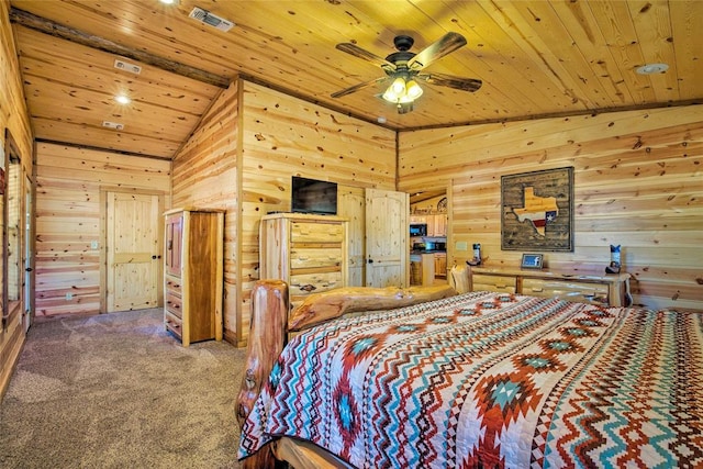 bedroom featuring wood ceiling, wood walls, carpet flooring, and vaulted ceiling
