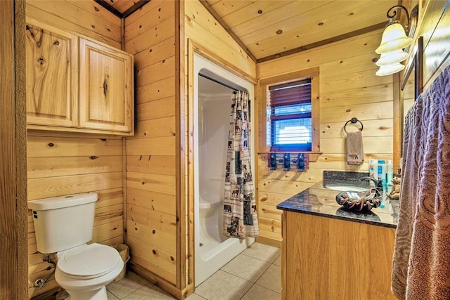 full bath with wood walls, tile patterned flooring, toilet, a stall shower, and wood ceiling