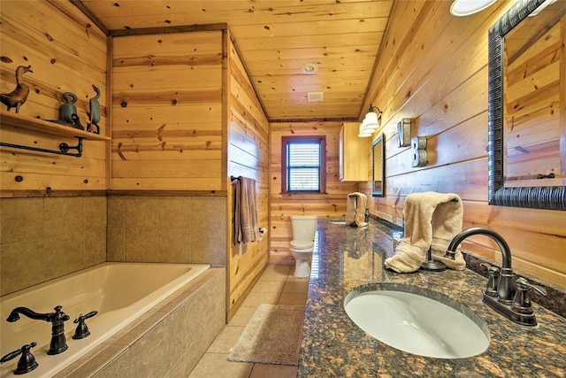 bathroom featuring wooden walls, tile patterned flooring, wooden ceiling, toilet, and a bath