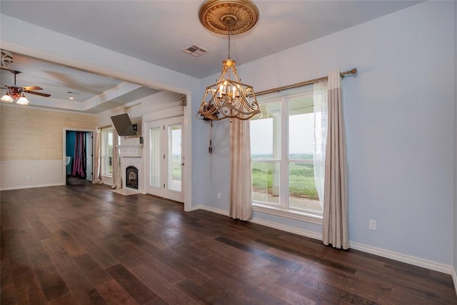 13403 NE 225th St, Fletcher, OK 73541 - unfurnished living room featuring a chandelier, baseboards, a fireplace with flush hearth, and healthy amount of natural light