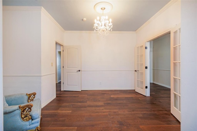 13403 NE 225th St, Fletcher, OK 73541 - spare room featuring french doors, wood finished floors, ornamental molding, a chandelier, and baseboards