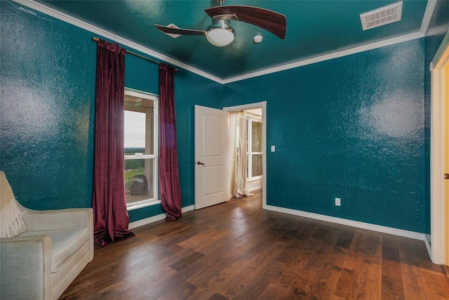 13403 NE 225th St, Fletcher, OK 73541 - unfurnished bedroom with wood finished floors, ornamental molding, baseboards, ceiling fan, and a textured wall