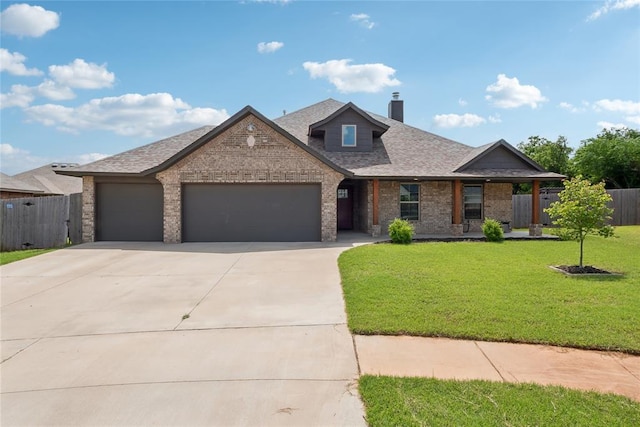 view of front of home featuring a garage, concrete driveway, brick siding, and a chimney