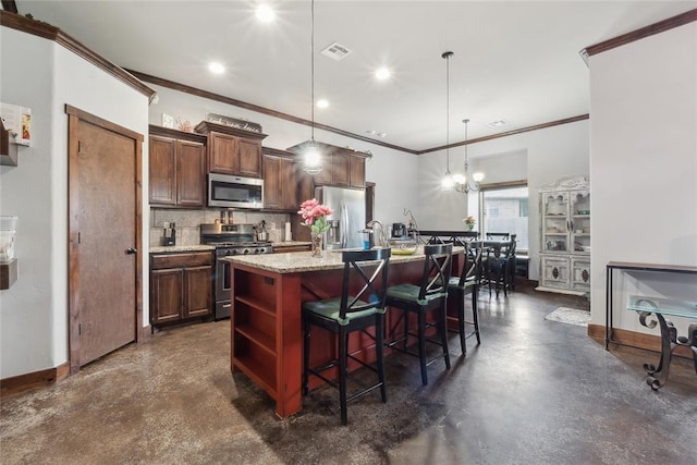 kitchen featuring stainless steel appliances, concrete flooring, open shelves, backsplash, and ornamental molding