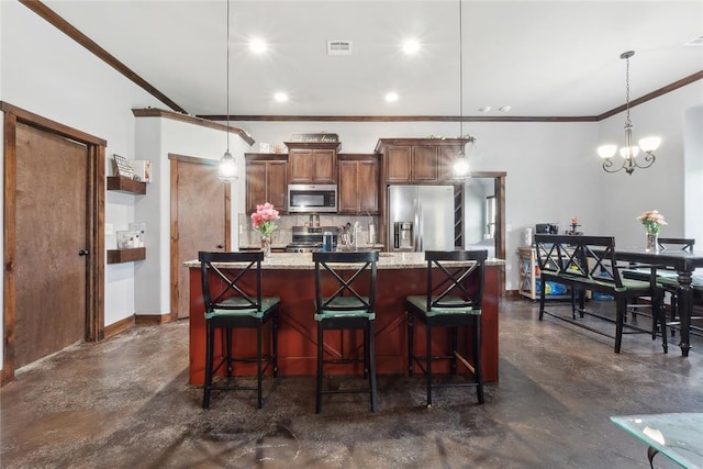 kitchen with appliances with stainless steel finishes, finished concrete flooring, backsplash, a kitchen island with sink, and crown molding
