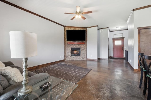 living room with ornamental molding, baseboards, finished concrete floors, a ceiling fan, and a fireplace