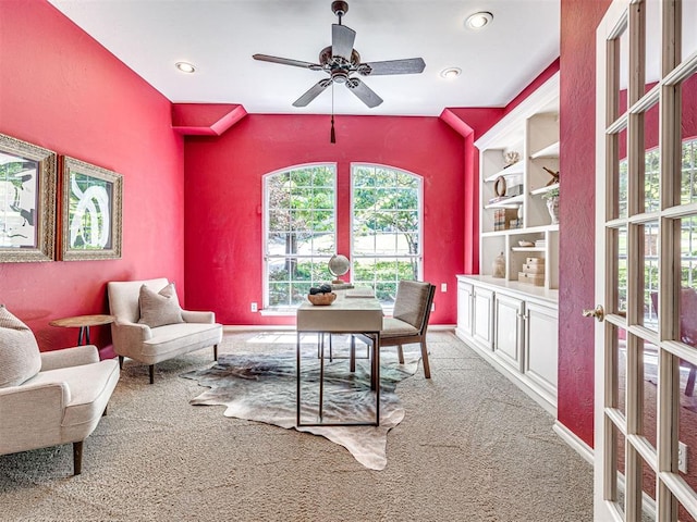 2417 Pawnee Xing, Edmond, OK 73034 - office space with light colored carpet, a ceiling fan, recessed lighting, baseboards, and built in features