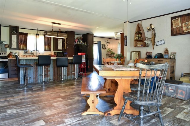 300746 Mcaly Rd, Foster, OK 73434 - dining room featuring plenty of natural light, dark wood-type flooring, and bar area