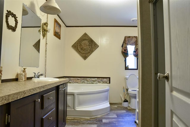 300746 Mcaly Rd, Foster, OK 73434 - bathroom with vanity, a bath, wood finished floors, and toilet