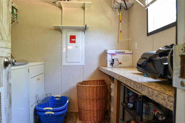 300746 Mcaly Rd, Foster, OK 73434 - laundry room featuring electric panel and separate washer and dryer