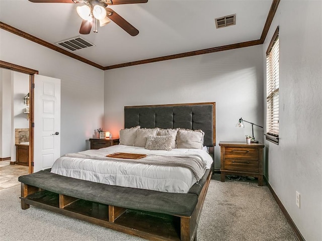 1808 Lago Dr, Moore, OK 73160 - bedroom with carpet flooring, ornamental molding, baseboards, and ceiling fan