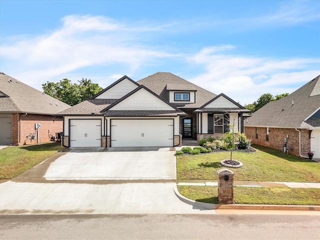 8332 Poplar Dr, Edmond, OK 73034 - view of front facade featuring a garage, a front lawn, concrete driveway, roof with shingles, and brick siding