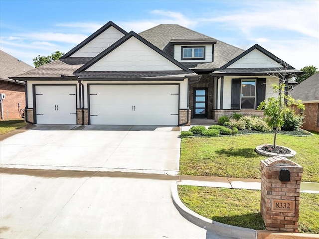 8332 Poplar Dr, Edmond, OK 73034 - craftsman-style house with concrete driveway, a garage, roof with shingles, a front lawn, and brick siding