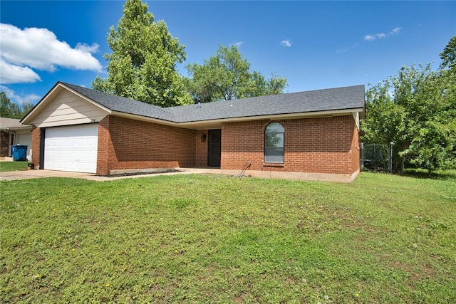 1208 Cathy Ln, Oklahoma City, OK 73110 - ranch-style house with a garage, brick siding, a front lawn, and driveway