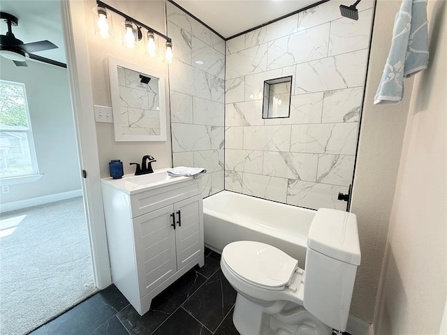 full bath featuring toilet, vanity, a ceiling fan, and shower / bathtub combination