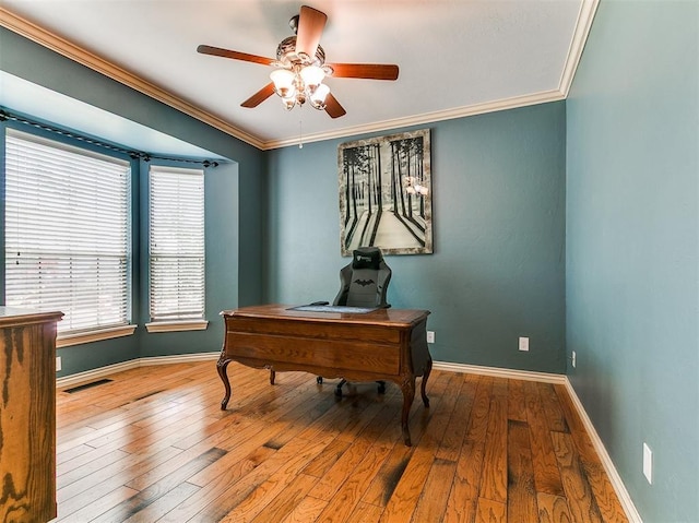 3133 Beacon Hill St, Edmond, OK 73034 - office space with ceiling fan, crown molding, and hardwood / wood-style flooring