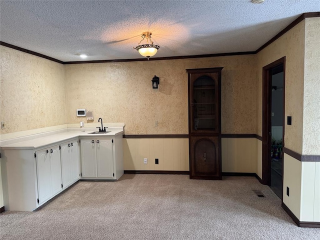 804 William Blvd, Seminole, OK 74868 - interior space featuring visible vents, light carpet, ornamental molding, and a sink
