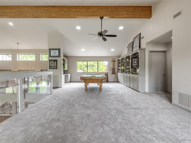 1011 Saint Andrews Dr, Edmond, OK 73025 - game room featuring carpet floors, ceiling fan, pool table, beamed ceiling, and high vaulted ceiling