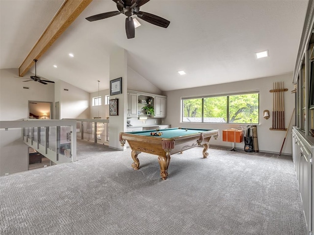 1011 Saint Andrews Dr, Edmond, OK 73025 - rec room with a ceiling fan, beam ceiling, plenty of natural light, pool table, and light colored carpet