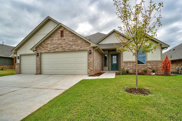 view of front facade featuring an attached garage, brick siding, driveway, a front lawn, and cooling unit