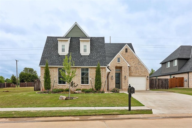 view of front facade featuring brick siding, concrete driveway, and roof with shingles