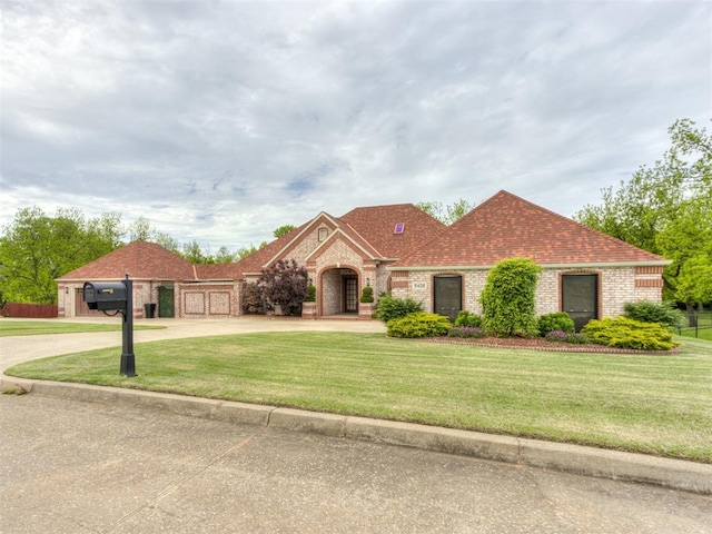 9408 S Caldwell Dr, Midwest City, OK 73130 - view of front facade with brick siding, curved driveway, a front yard, and a shingled roof