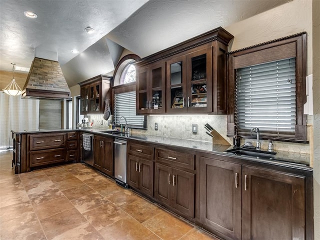 9408 S Caldwell Dr, Midwest City, OK 73130 - kitchen with dark countertops, a peninsula, dark brown cabinets, a sink, and dishwasher