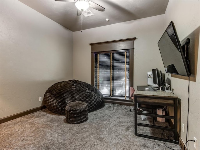 9408 S Caldwell Dr, Midwest City, OK 73130 - sitting room with ceiling fan, carpet flooring, an office area, and baseboards