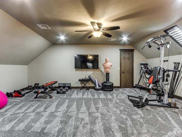 9408 S Caldwell Dr, Midwest City, OK 73130 - exercise room with vaulted ceiling, carpet, baseboards, and a ceiling fan