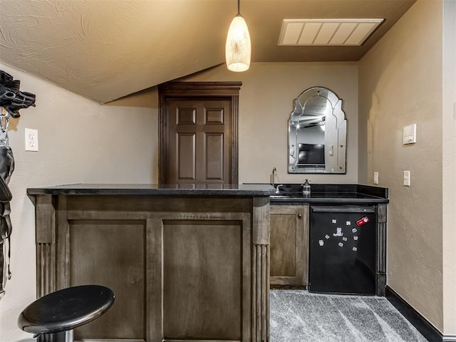 9408 S Caldwell Dr, Midwest City, OK 73130 - indoor bar with dishwashing machine, vaulted ceiling, carpet, pendant lighting, and a textured wall