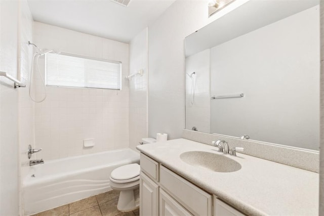 bathroom featuring shower / bathing tub combination, tile patterned flooring, toilet, and vanity