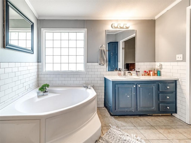 full bath featuring tile walls, ornamental molding, and a bath