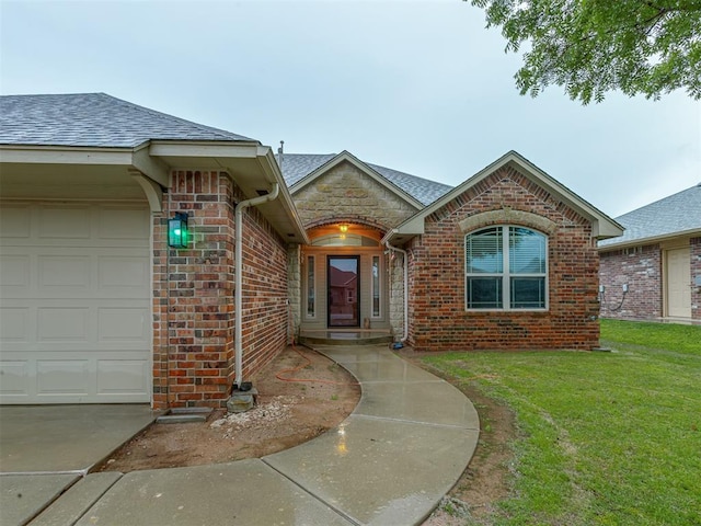 7705 Twin Oaks Dr, Yukon, OK 73099 - view of front of home featuring a garage, a shingled roof, brick siding, and a front lawn