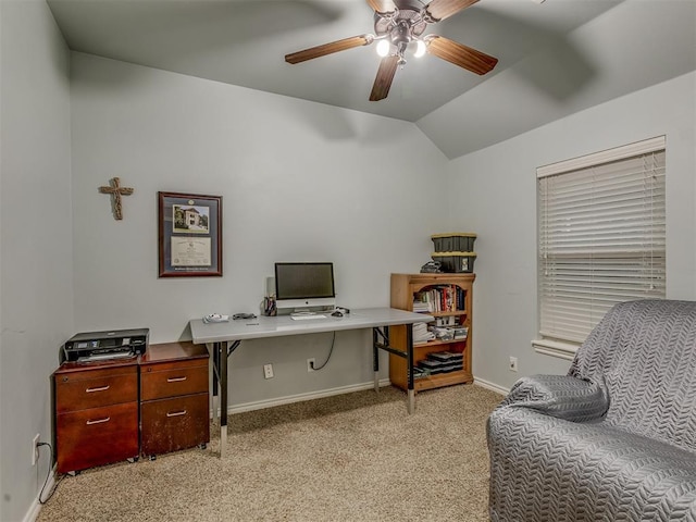 7705 Twin Oaks Dr, Yukon, OK 73099 - office area with light colored carpet, lofted ceiling, ceiling fan, and baseboards