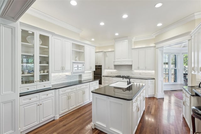 368 Millbrook Dr, Norman, OK 73072 - kitchen featuring dark countertops, open shelves, a sink, white cabinetry, and ornamental molding