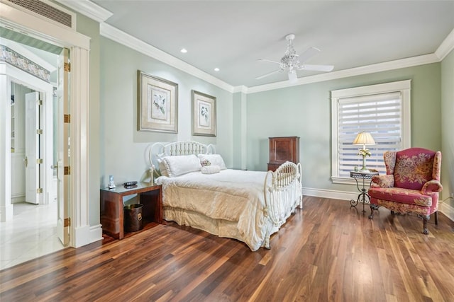368 Millbrook Dr, Norman, OK 73072 - bedroom featuring baseboards, wood finished floors, recessed lighting, crown molding, and ceiling fan