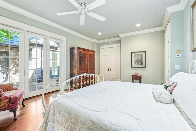 368 Millbrook Dr, Norman, OK 73072 - bedroom with access to outside, wood finished floors, recessed lighting, crown molding, and a ceiling fan
