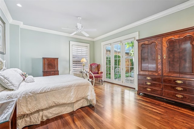 368 Millbrook Dr, Norman, OK 73072 - bedroom featuring access to outside, wood finished floors, crown molding, and a ceiling fan