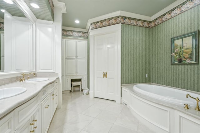368 Millbrook Dr, Norman, OK 73072 - full bathroom with wallpapered walls, a garden tub, ornamental molding, and double vanity