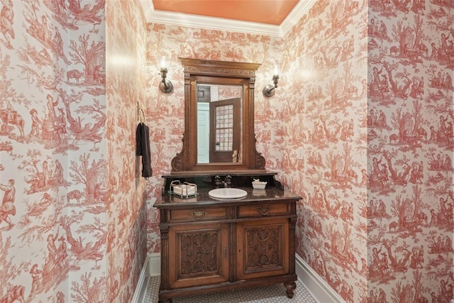 368 Millbrook Dr, Norman, OK 73072 - bathroom featuring wallpapered walls, baseboards, crown molding, and vanity