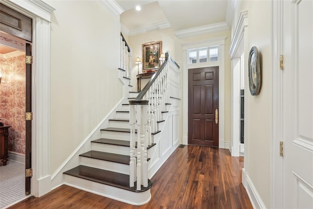 368 Millbrook Dr, Norman, OK 73072 - entrance foyer with crown molding, dark wood-style floors, stairs, baseboards, and recessed lighting