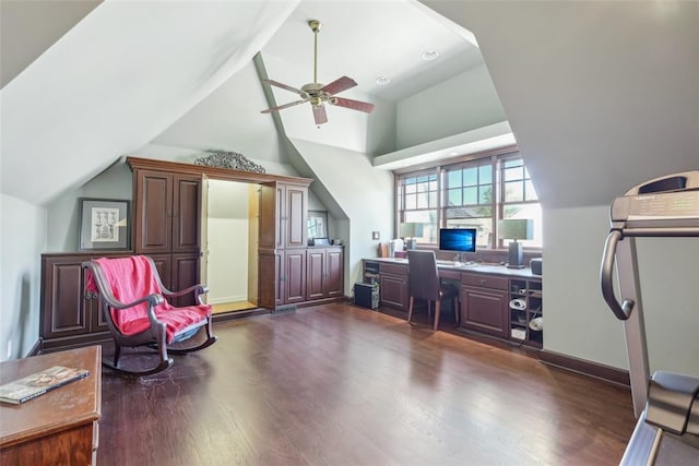 368 Millbrook Dr, Norman, OK 73072 - office featuring vaulted ceiling, dark wood-type flooring, and a ceiling fan