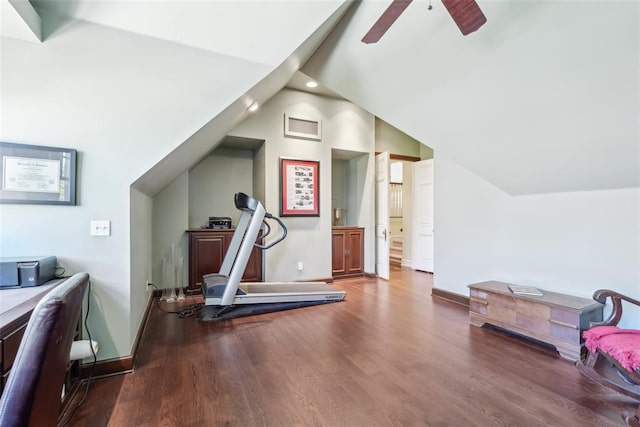 368 Millbrook Dr, Norman, OK 73072 - exercise room with lofted ceiling, a ceiling fan, wood finished floors, baseboards, and recessed lighting