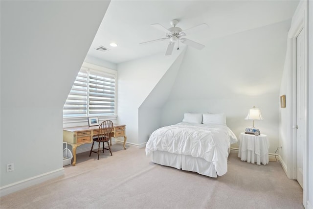 368 Millbrook Dr, Norman, OK 73072 - bedroom with carpet flooring, vaulted ceiling, baseboards, and ceiling fan