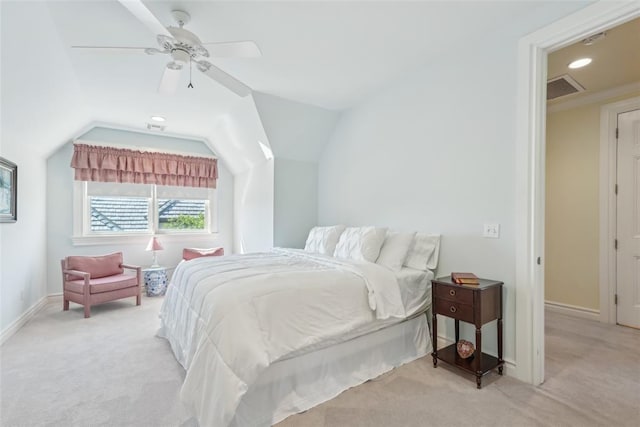 368 Millbrook Dr, Norman, OK 73072 - bedroom featuring light colored carpet, vaulted ceiling, baseboards, a ceiling fan, and recessed lighting