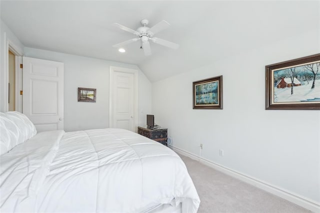 368 Millbrook Dr, Norman, OK 73072 - bedroom featuring lofted ceiling, baseboards, carpet flooring, a ceiling fan, and recessed lighting