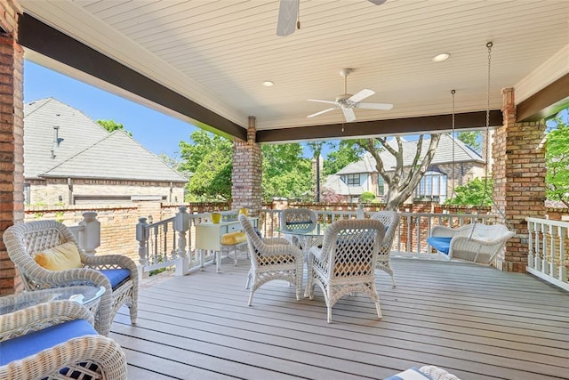 368 Millbrook Dr, Norman, OK 73072 - wooden deck featuring a ceiling fan and outdoor dining area