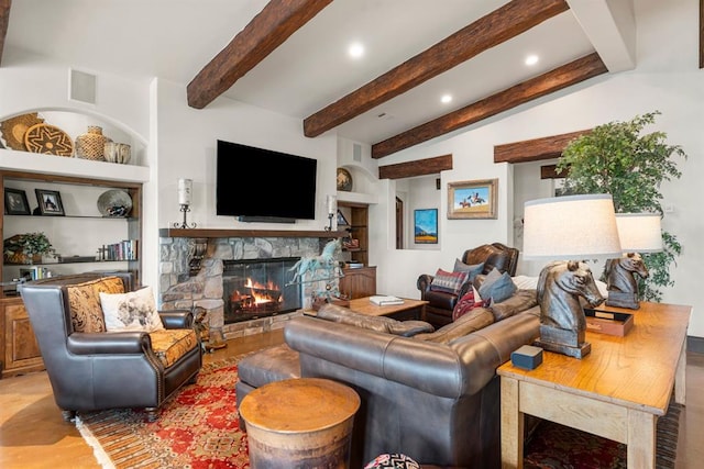 9639 Horizon Cir, Sperry, OK 74073 - living room featuring visible vents, built in shelves, a fireplace, recessed lighting, and beamed ceiling