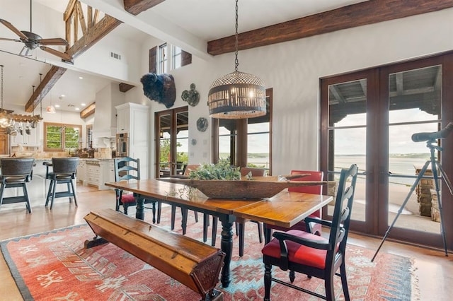 9639 Horizon Cir, Sperry, OK 74073 - dining area featuring ceiling fan with notable chandelier, beam ceiling, a towering ceiling, visible vents, and recessed lighting